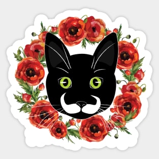 Mustache Cat with Flowers Sticker